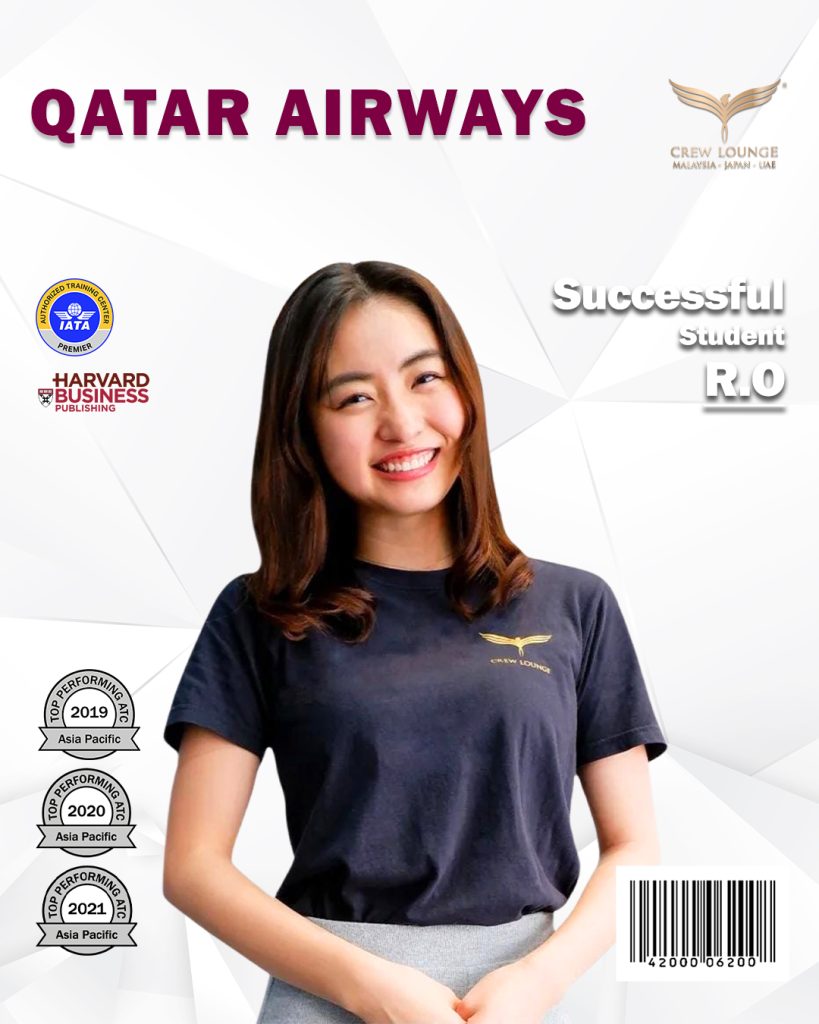 Rino, successful Crew Lounge graduate in cabin crew uniform. Now working at Qatar Airways.
